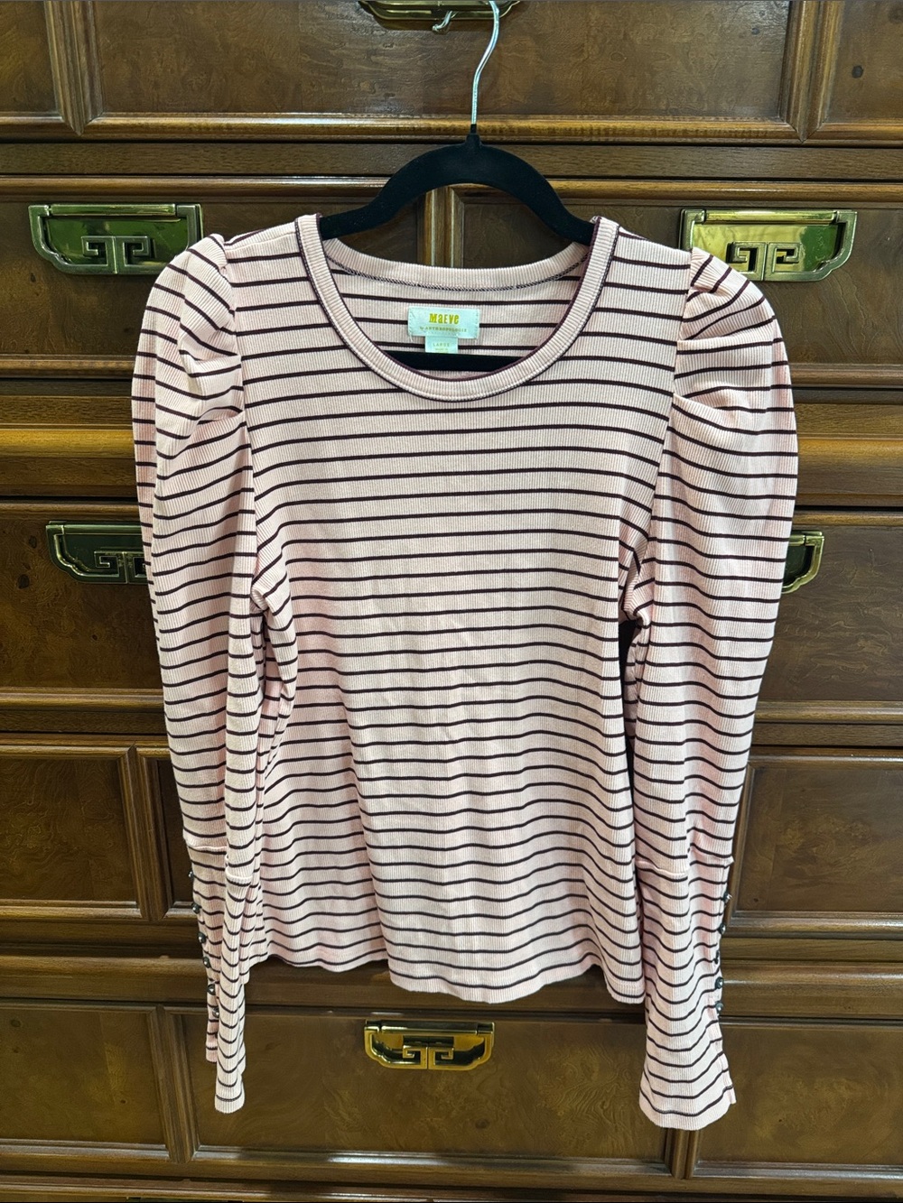 Maeve Pink and Burgundy Striped stretch Rib Long Sleeve Top Anthologie